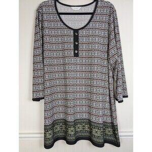 CJ Banks Women's Top Geometric Tunic Front Buttons Size 2X 3/4 Sleeves Office